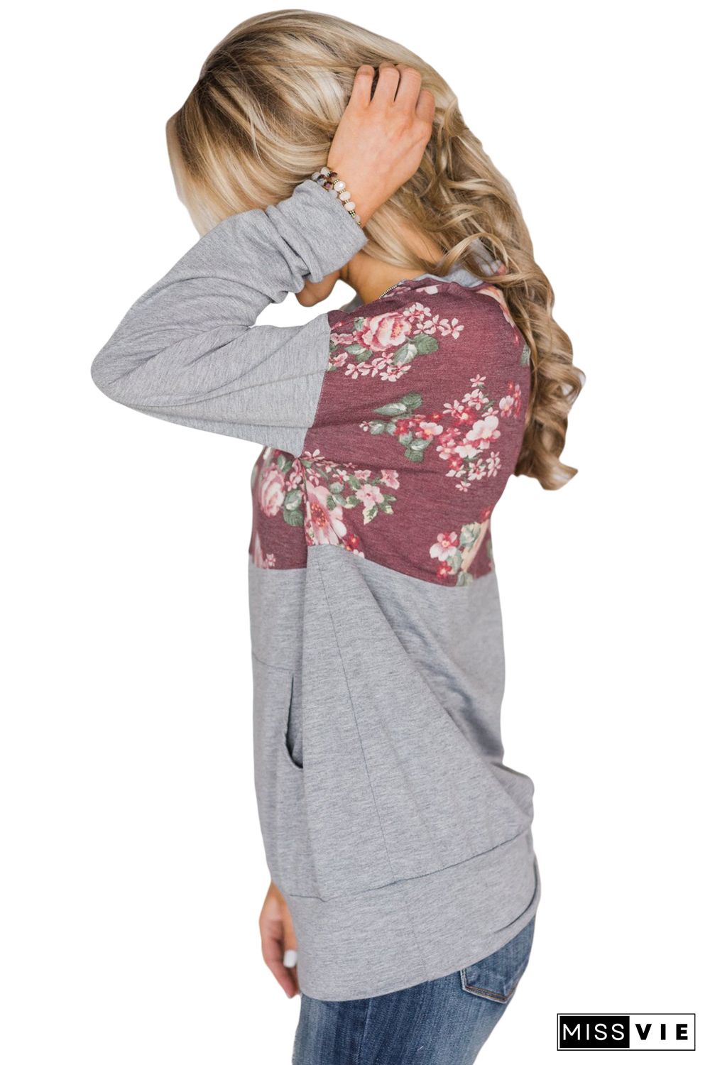 Floral Splice Grey Kangaroo Pocket Zip Collar Sweatshirt