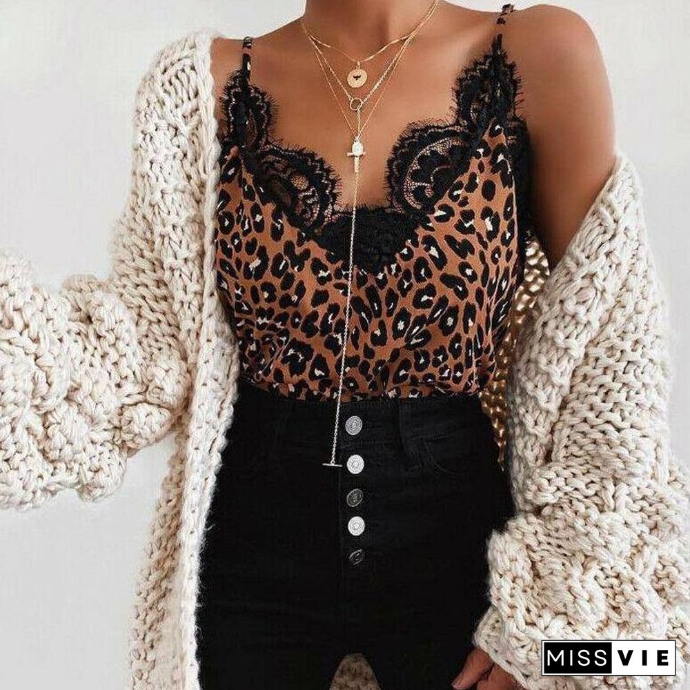 Women Lace Leopard Print Vest Ladies Sleeveless Vest Tank Tops Ladies Loose V-Neck Camisole T-Shirt Ladies Tops Clothing