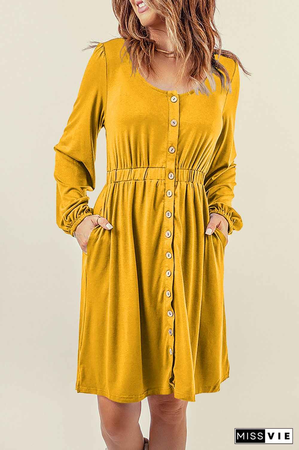 Yellow Button Up High Waist Long Sleeve Dress