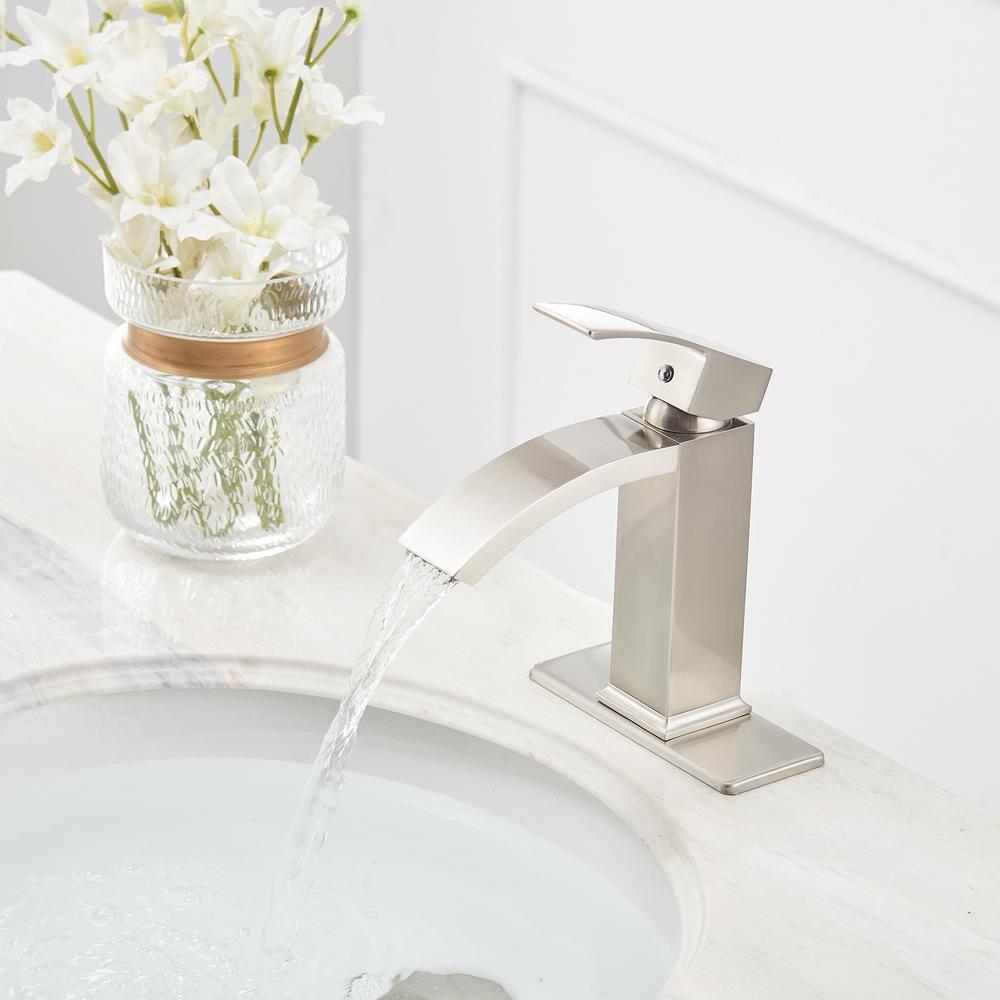 BWE Waterfall Single Hole SingleHandle LowArc Bathroom Sink Faucet With Popup Drain Assembly In Brushed Nickel