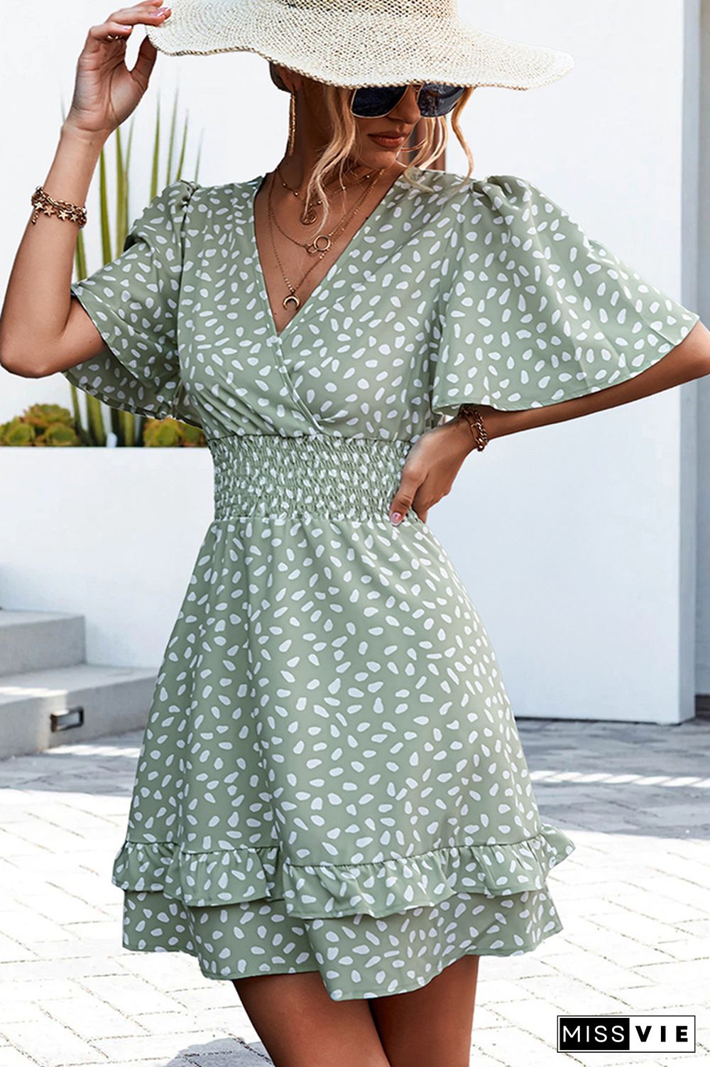 V Neck Flare Sleeves Spot Print Smocked High Waist Dress