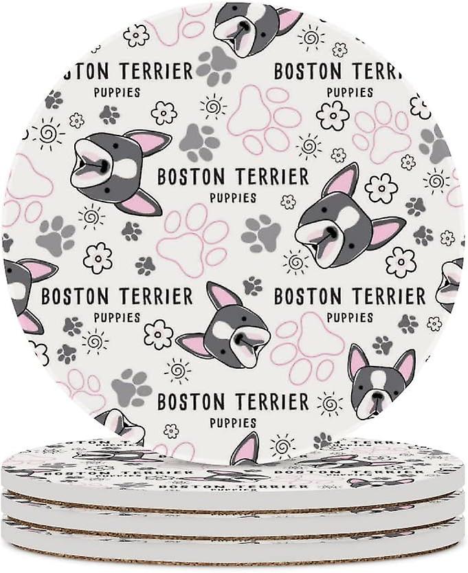 2pcs Round Boston Terrier Puppies Ceramic Coasters With Cork-backed For Coffee Drink Cup Mat Absorbent Stone Coasters