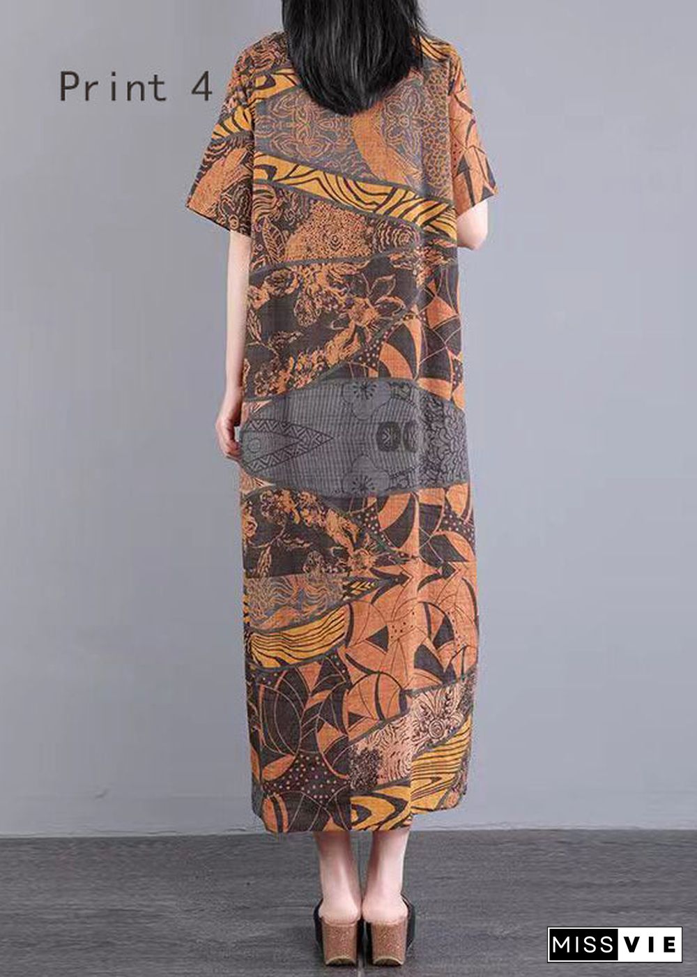 Handmade O Neck Print Patchwork Cotton Long Dress Summer