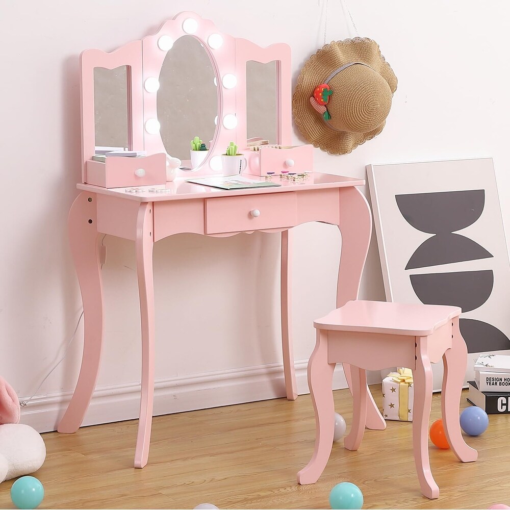 Girls Vanity Table with Tri Folding Mirror  Light Stool   Drawer