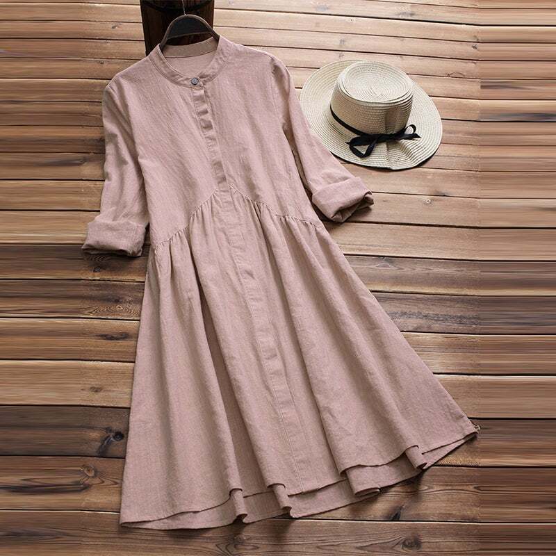 Women's Long Sleeve Tunics Long Shirt Dress A-Line Vintage Pleated Skater Dress SKUA23400