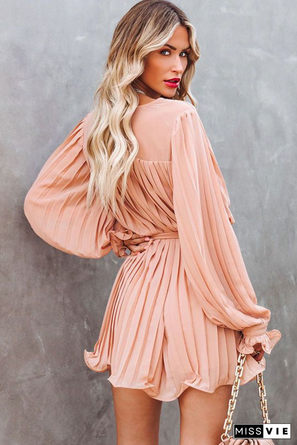 Pink Pleated Ruffled Tie Waist Buttons V Neck Romper