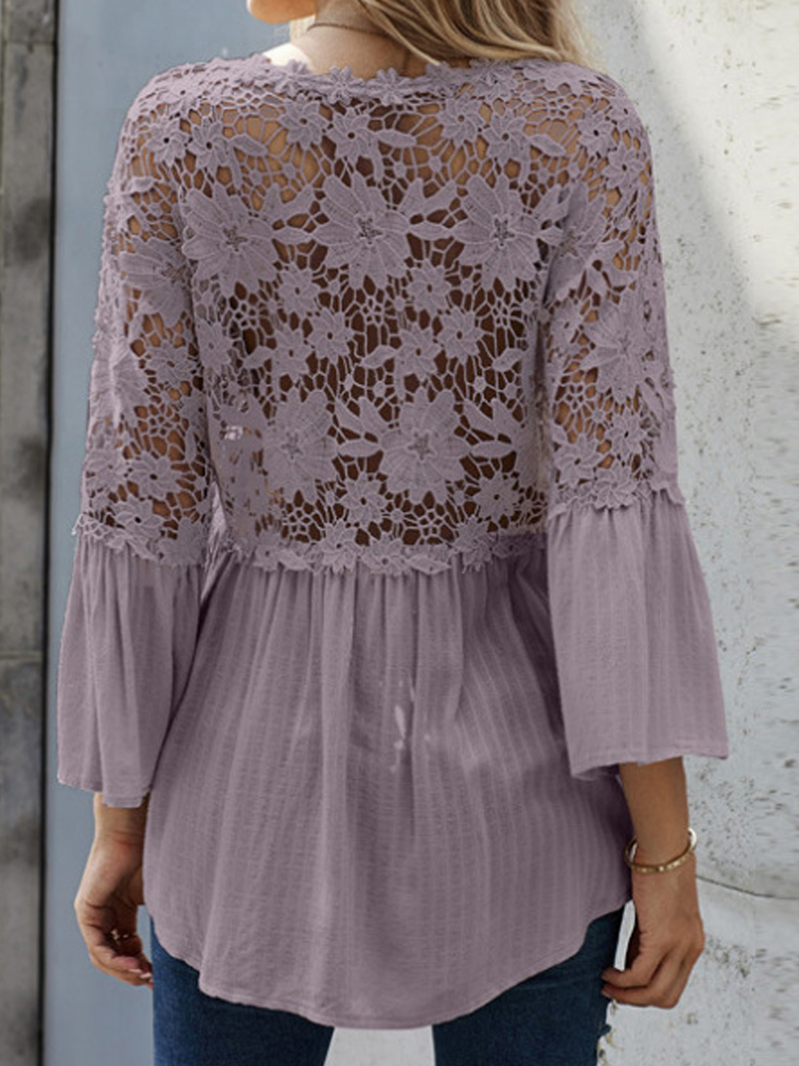 Casual Solid Color Patchwork Lace V Long Sleeve Shirt