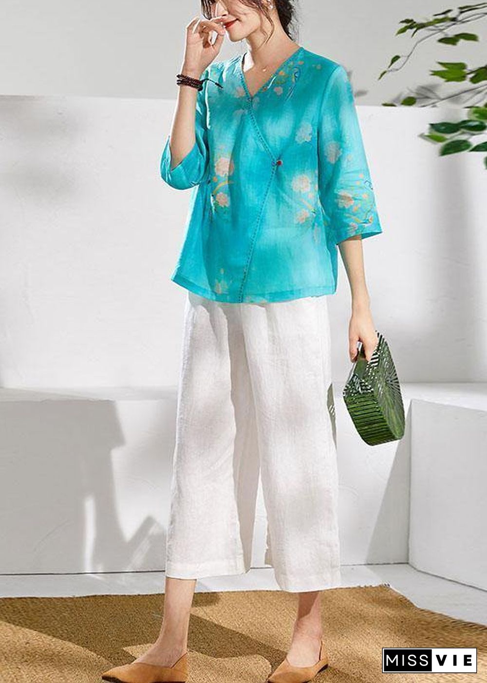 Simple green print linen clothes v neck summer blouses