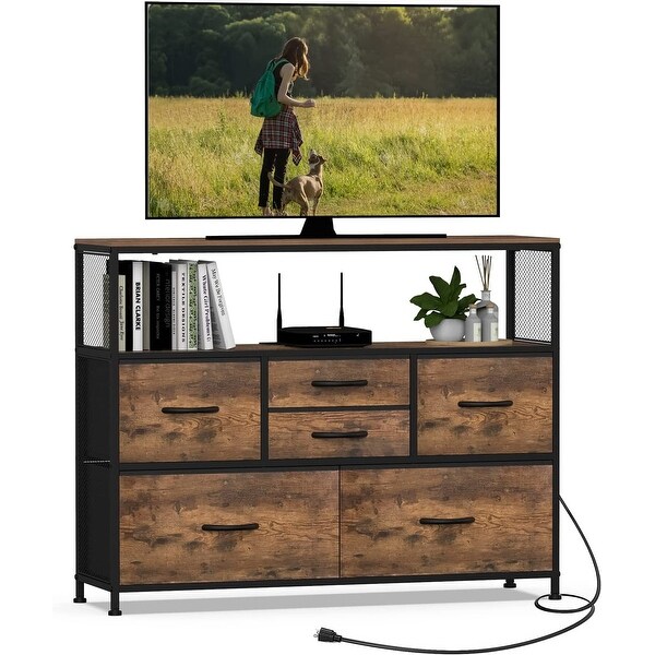 TV Stand with Power Outlet and Fabric Drawers Entertainment Center for TV up to 45 inch Industrial Open Storage Shelf - Brown