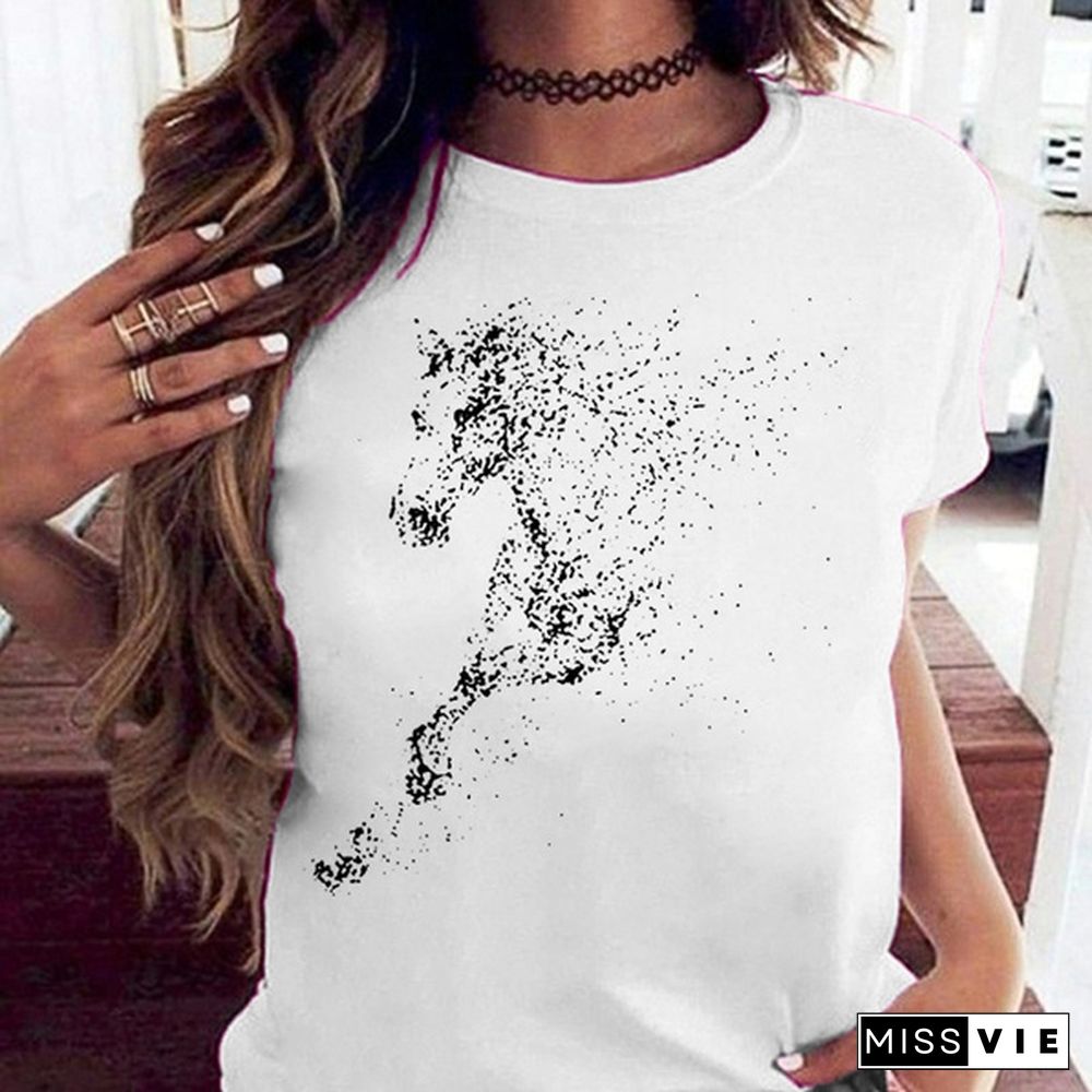 Cute Horse Print T Shirts for Women Summer Short Sleeved Tees Top Women's Round Neck Graphic Tshirts Casual Wear; Loose Fit Tees Woman Blouse Vestidos Mujer