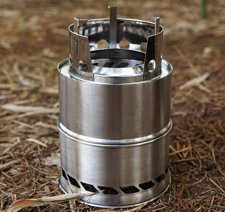 Factory Customized Windproof Stainless Steel Heighten Feet Sufficient Burining Mini Portable  Wood Camping Stove