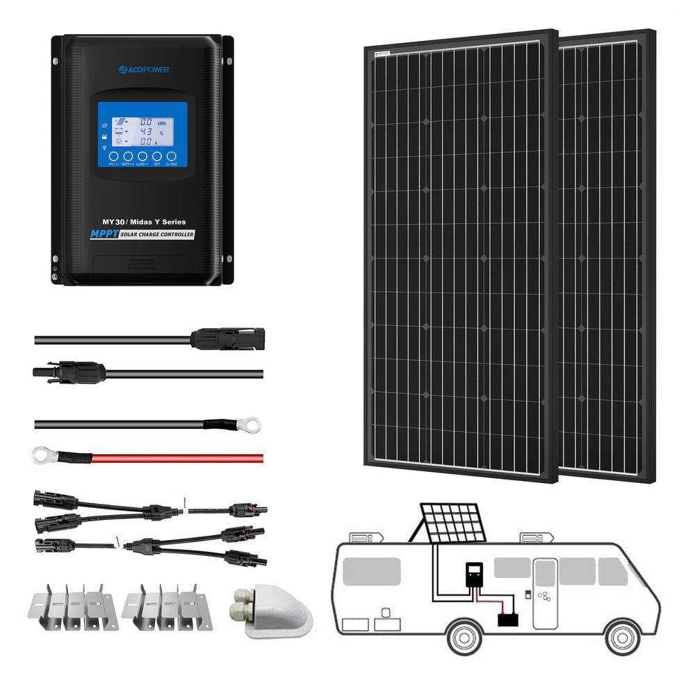 ACOPower 200-Watt Monocrystalline OffGrid Solar Power Kit with 2 x 100-Watt Solar Panel 30 Amp MPPT Charge Controller SPKM-200W30A