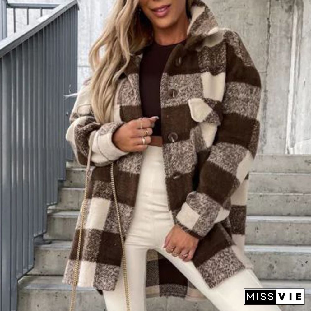 Women Elegant Plaid Print Fleece Straight Jackets Fashion Lapel Collar Button Loose Coats Casual Long Sleeve Straight Outerwear