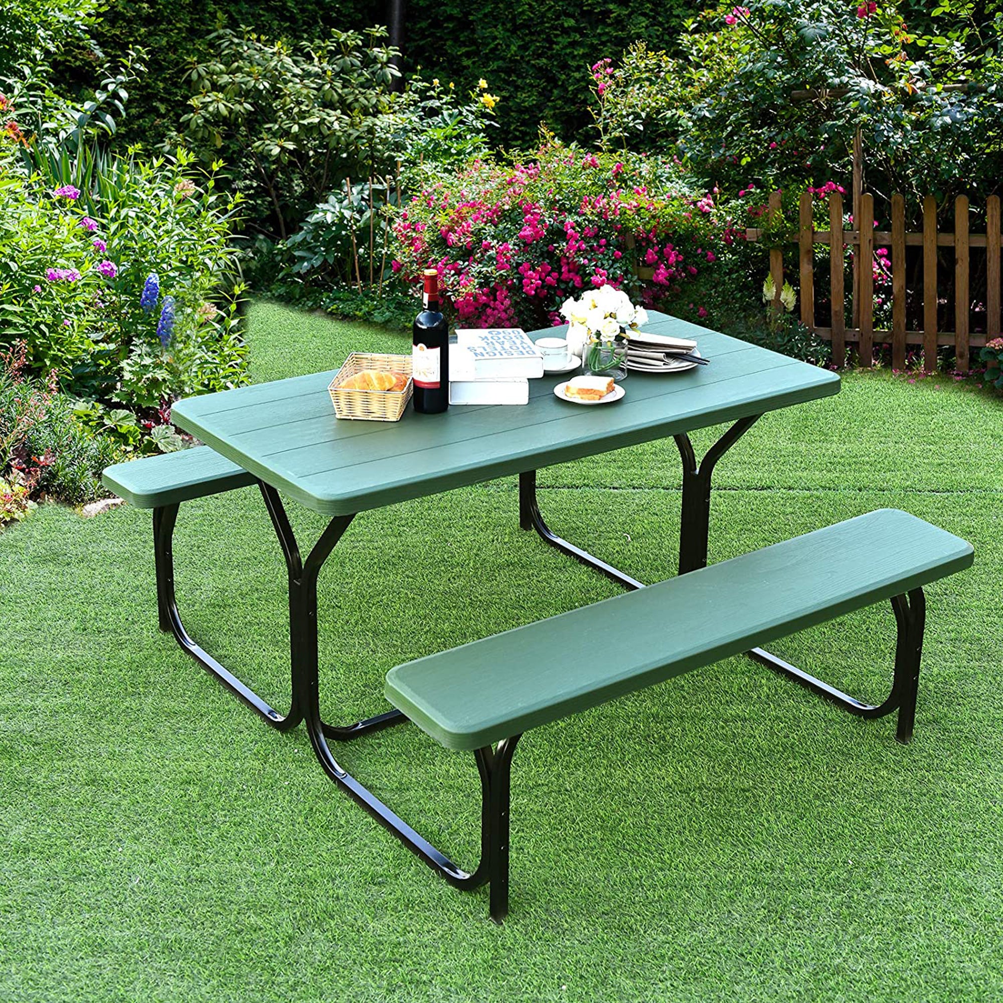 Gymax Picnic Table Camping Picnic Bench Set Backyard Garden Patio Dining Party Green