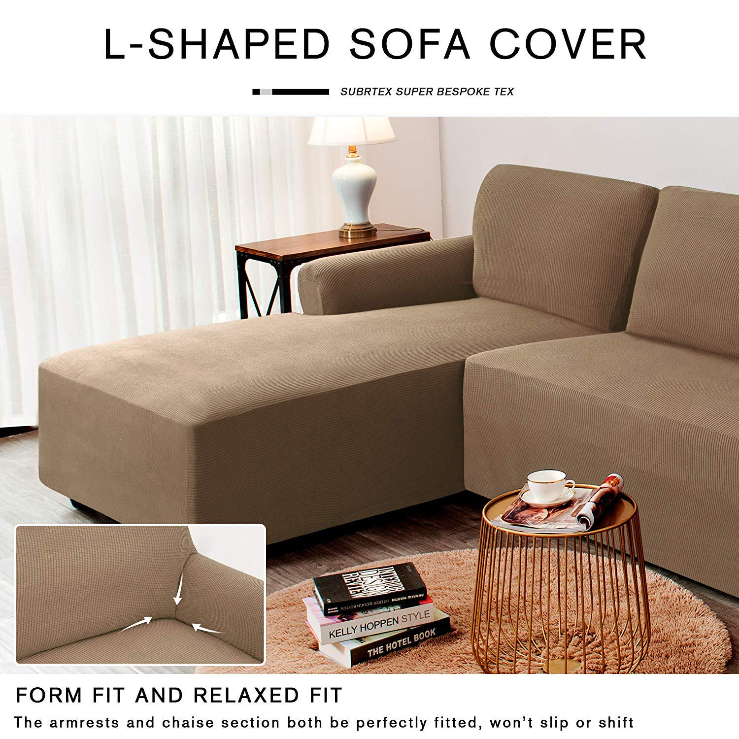 Subrtex Stretch 2-Piece Textured Grid L-Shaped Sectional Sofa Slipcover (2-Seater Right Chaise， Sand)