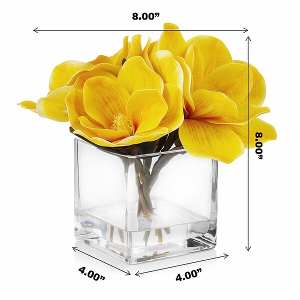 Enova Home Artificial Real Touch Magnolia Faux Flowers Arrangement in Cube Glass Vase with Faux Water Home Wedding Decoration