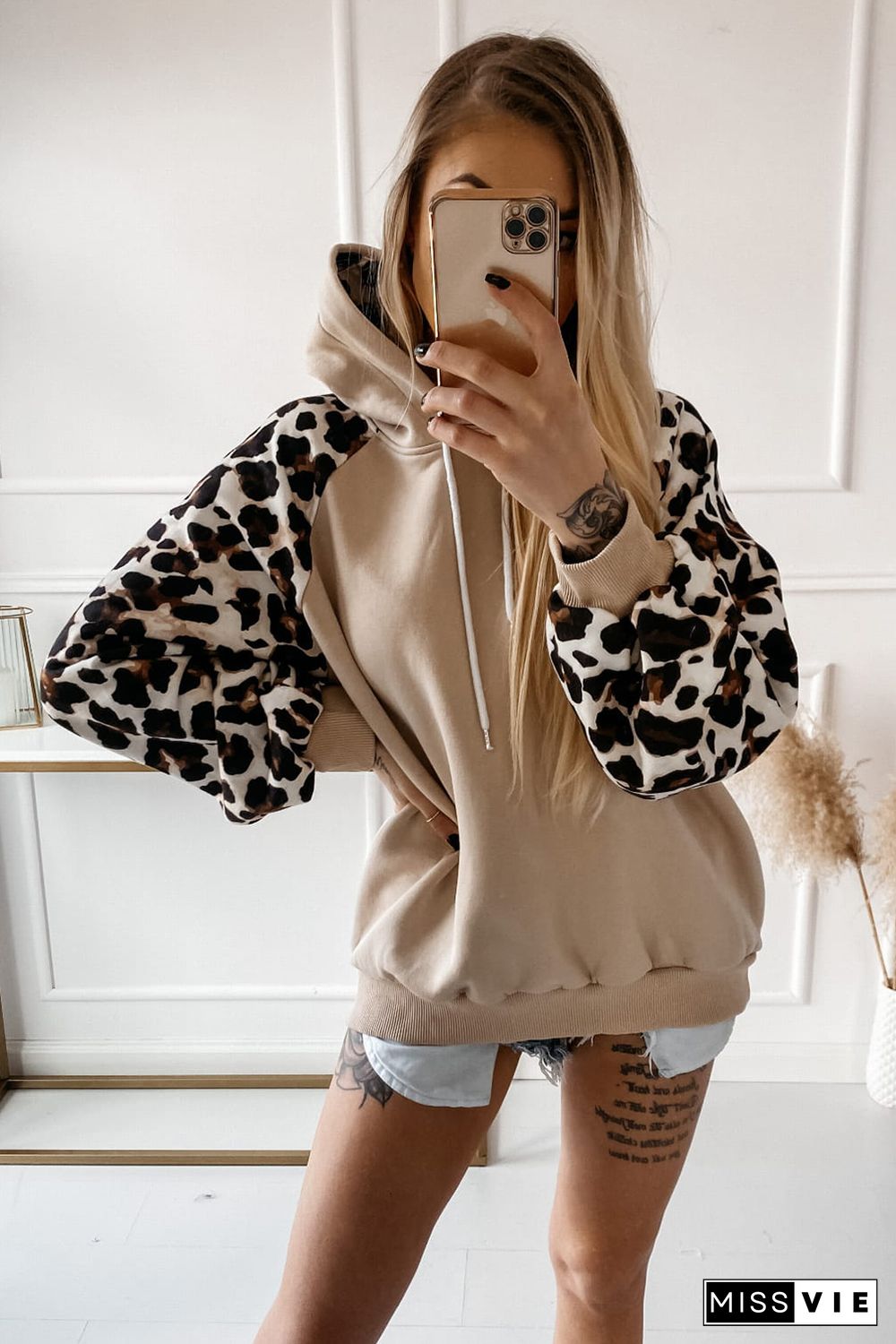 Apricot Leopard Bishop Sleeve Hooded Sweatshirt