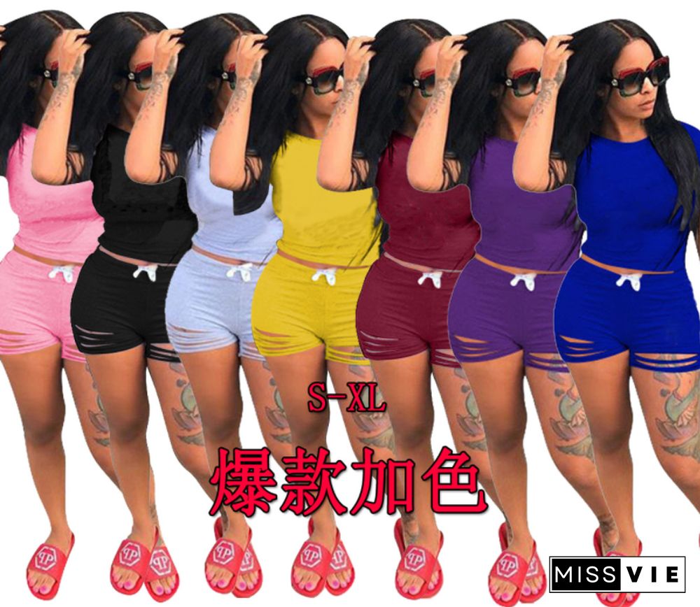 Women Solid Short Sleeve O-neck Pullover Crop Tops Drawstring Hole Shorts Two Piece Matching Sets