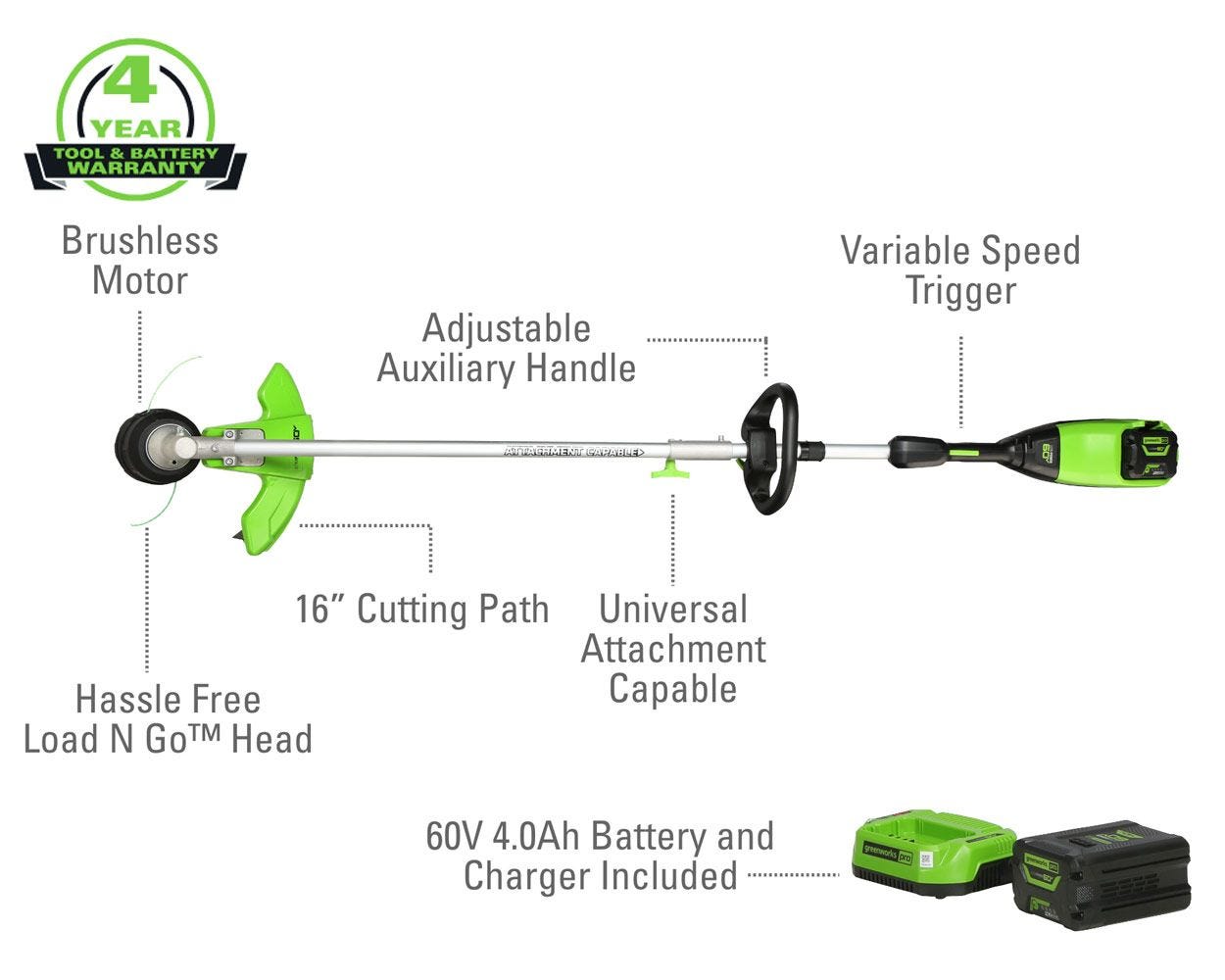 60V 16'' String Trimmer  10-Inch Polesaw Attachment Combo Kit w/ Battery，  Charger | Greenworks Tools