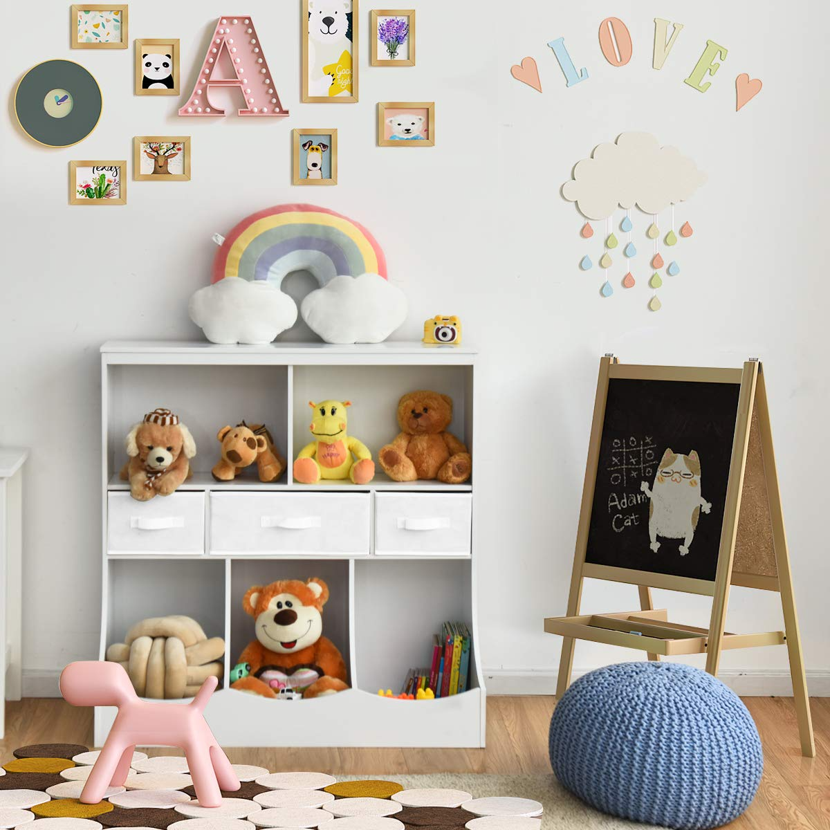 3-Tier Kids Bookcase Toddler Storage Organizer Cabinet Shelf w/ 8 Compartment Box and 3 Removable Drawers for Children