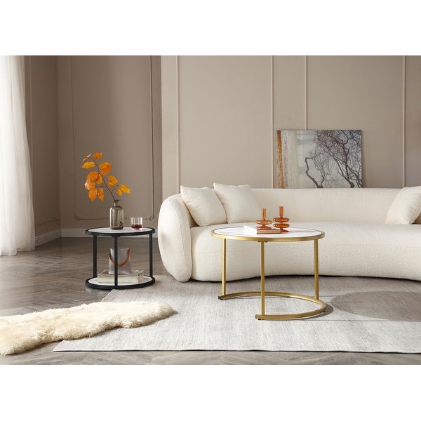 Marble Pattern MDF Top with Metal Frame Nesting Coffee Table Set Of 2， Elegant and Beautiful， Nesting Tables