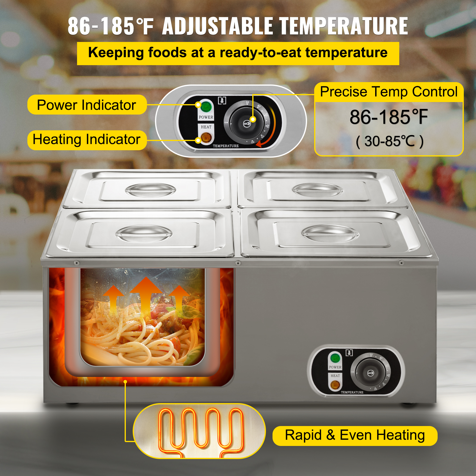 BENTISM 110V Commercial Food Warmer 4x1/4GN， 4-Pan Stainless Steel Bain Marie 24 Qt Capacity，1500W Steam Table 15cm/6inch Deep，Temp. Control 86-185℃， Electric Soup Warmer with Lids and 2 Ladles