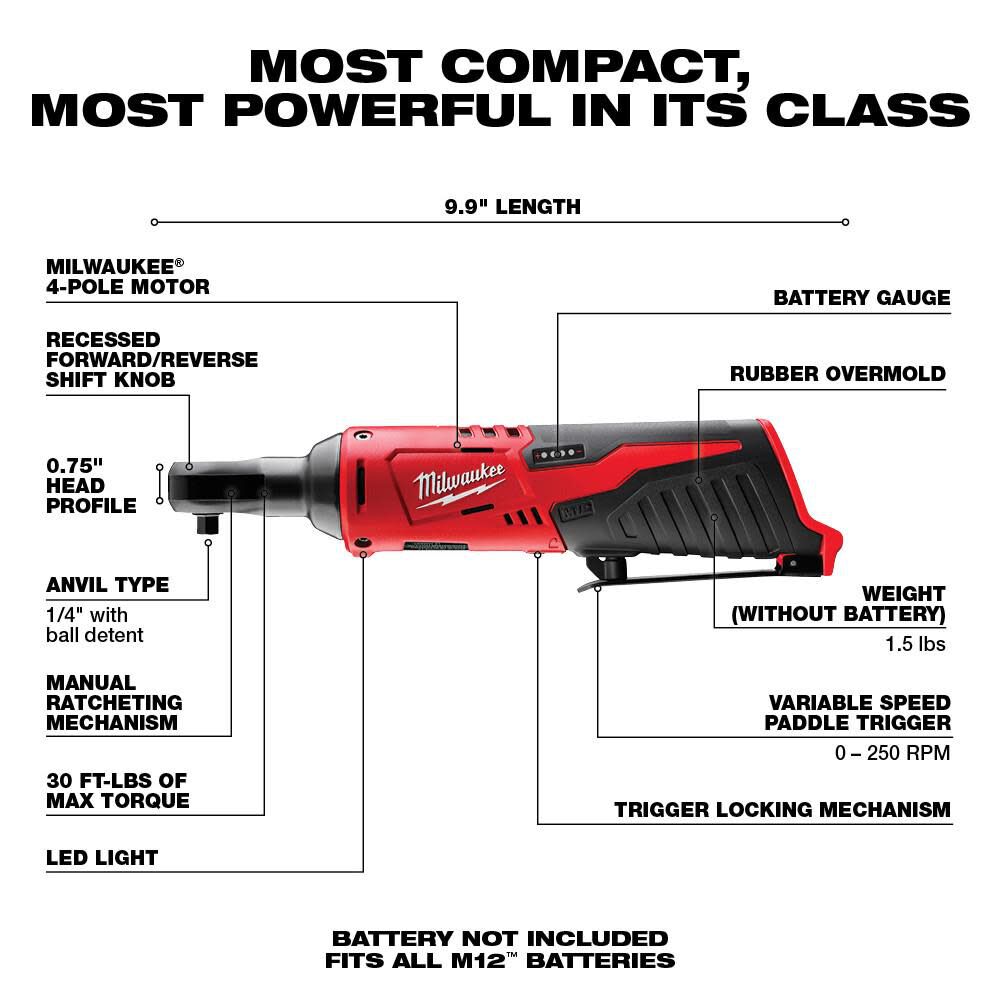 Milwaukee M12 Cordless 1/4 In. Ratchet (Bare Tool) 2456-20 from Milwaukee