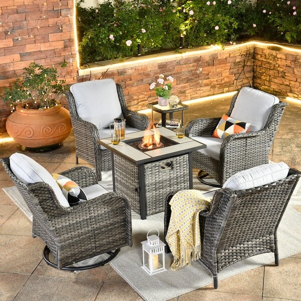 OVIOS Grey Wicker 6piece Patio Furniture Set Swivel Rocking Chair With Fire Pit