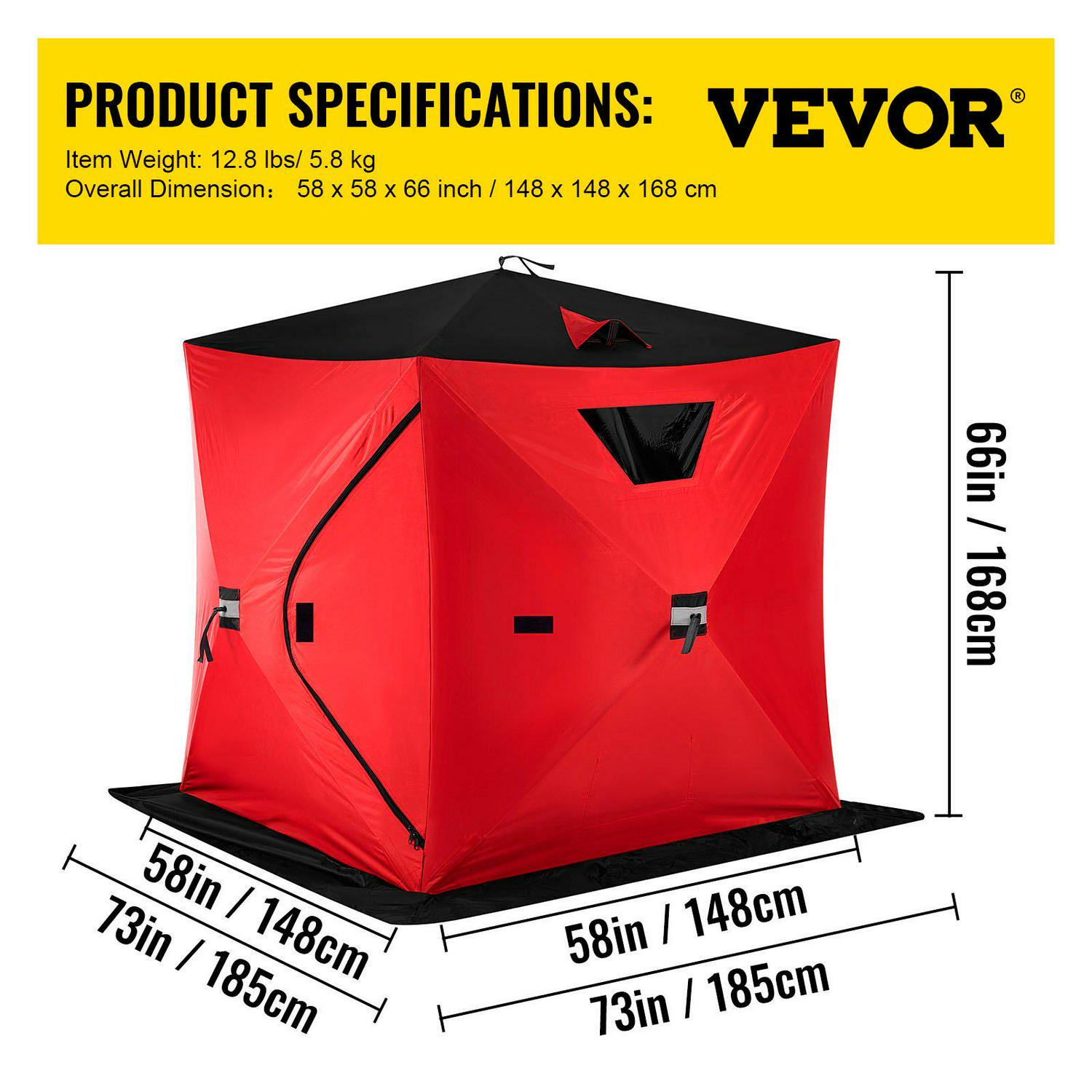 VEVORbrand Waterproof Pop-Up 2-Person Carrying Bag Ice Fishing Shelter with Detachable Ventilation Windows， 300D Oxford Fabric Zippered Door Shanty for Outdoor Fishing， Red