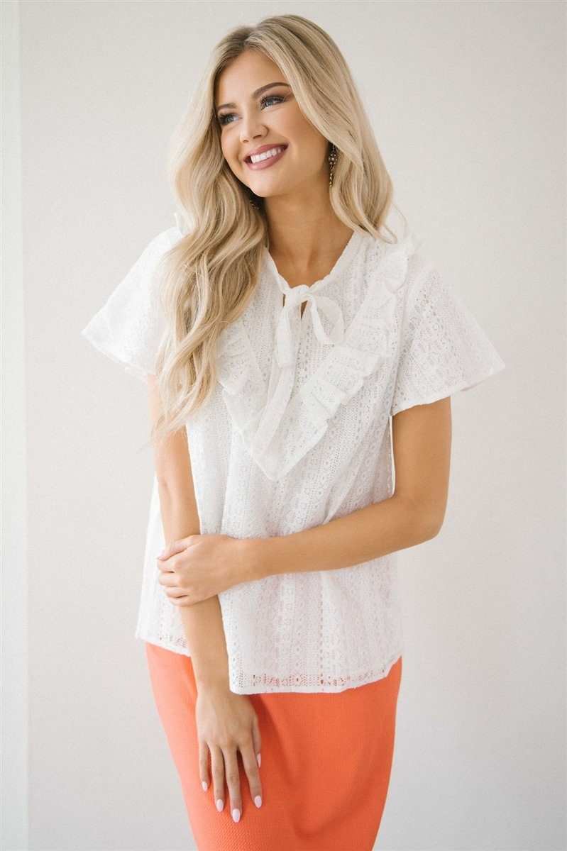 Ivory Lace & Ruffle Neck Tie Top