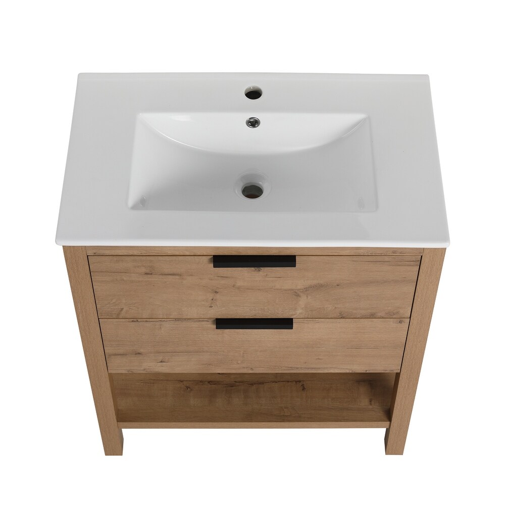 30 Inch Freestanding Bathroom Vanity with Soft Closing Drawers and Ceramic Sink  2/3 Extension Self Closing Drawers