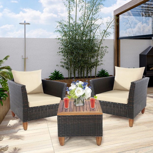 Costway 3pcs Patio Wicker Rattan Sofa Set Furniture Outdoor Acacia Wood Conversation