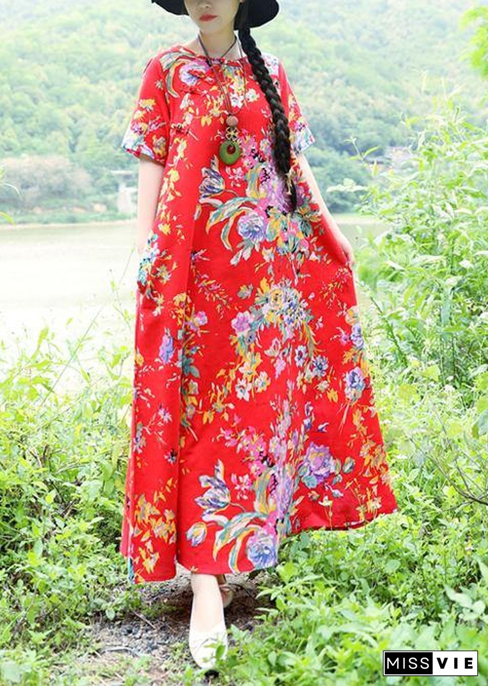 Simple o neck cotton Wardrobes Sewing red prints Traveling Dresses summer