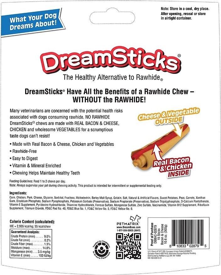 DreamBone DreamSticks Bacon and Cheese Chews Dog Treats， 15 count