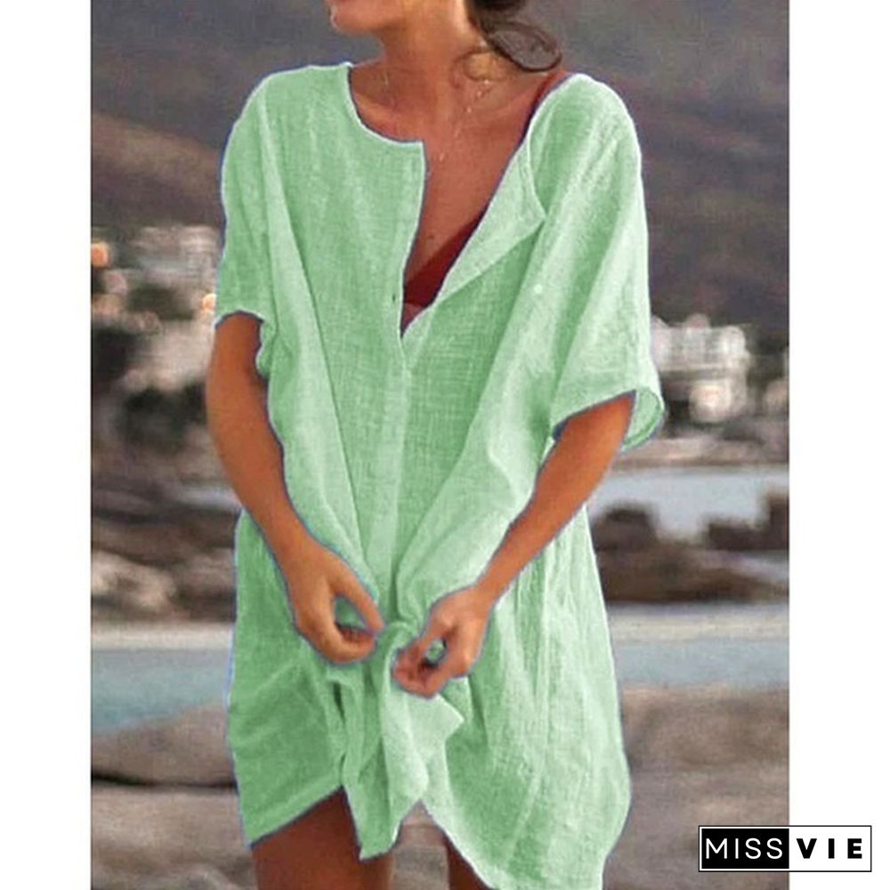 Fashion Summer Clothes Women's Casual Short Sleeve Dresses Beach Wear Robe Femme Swimwear Cover-up Linen Dress Loose Blouses Long T-shirt Deep V-neck Solid Color Swimsuit Cover-ups Dress Mini Party Dress