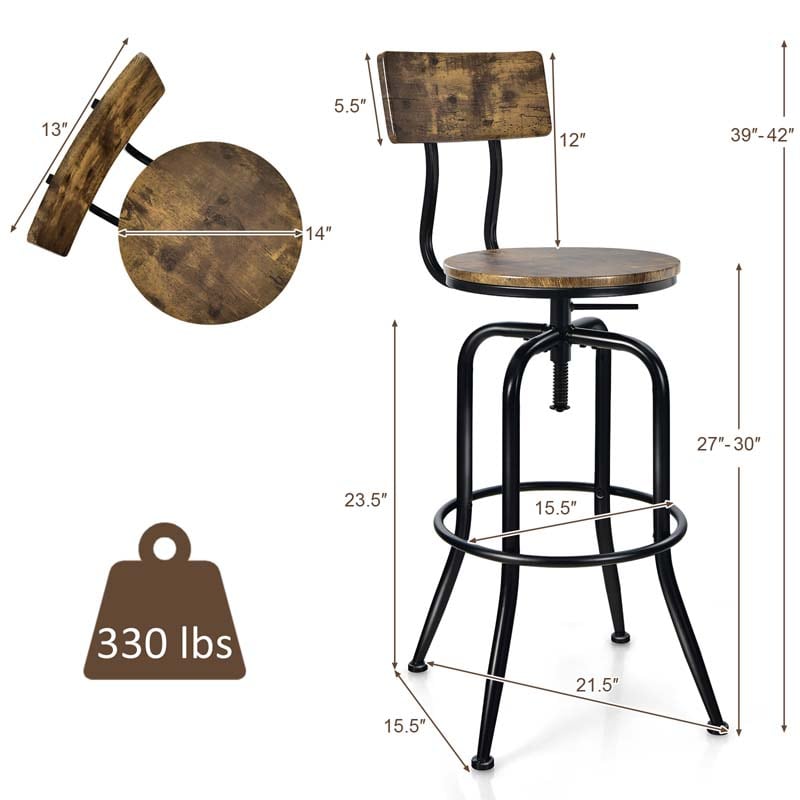 Set of 2 Industrial Vintage Swivel Bar Stools Counter Height Dining Chairs for Kitchen Pub Bistro