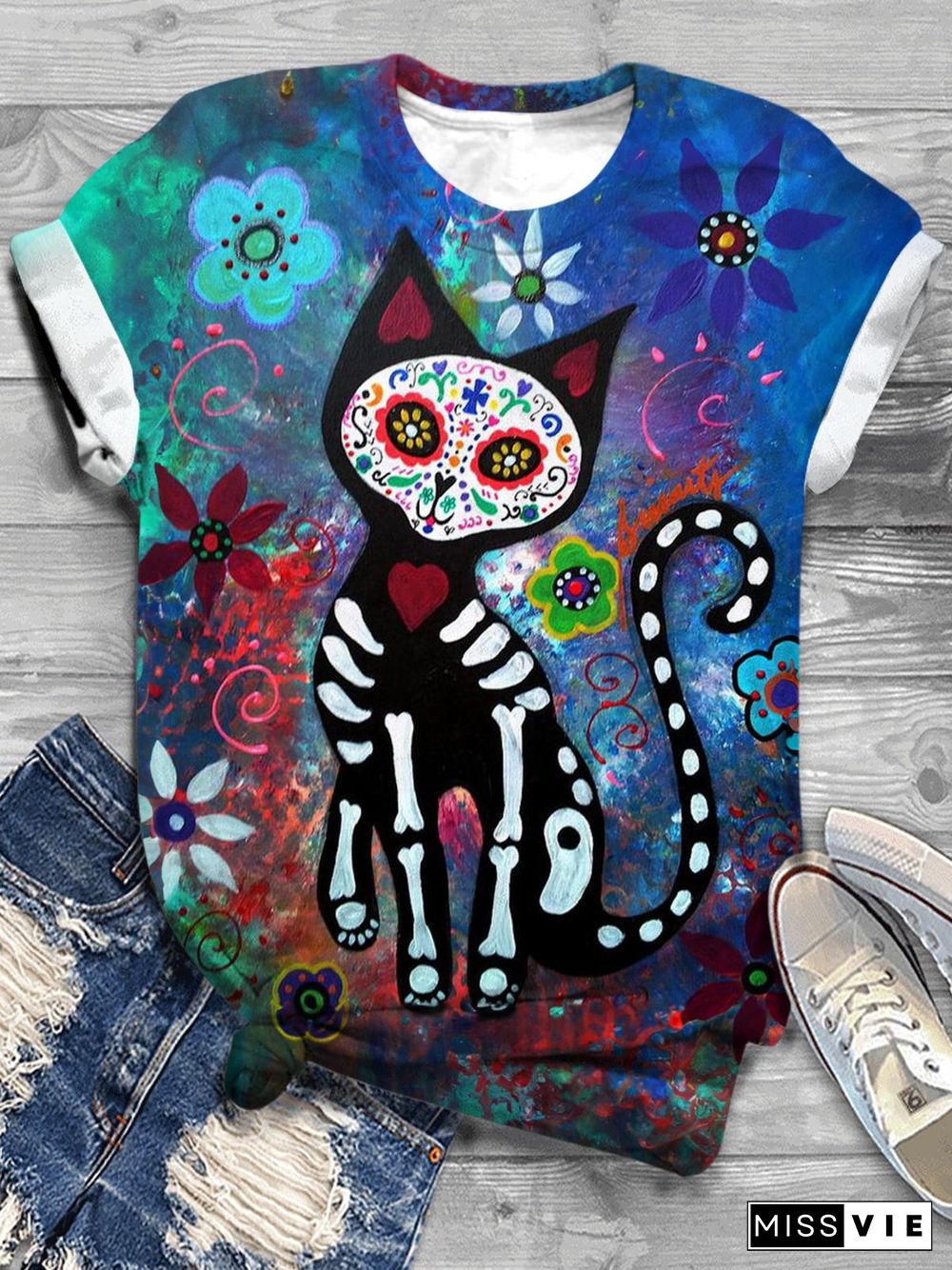 Flower Skull Cat Casual T-shirt