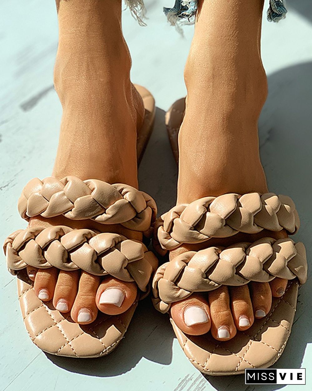 Quilted Square Toe Braided Flat Sandals