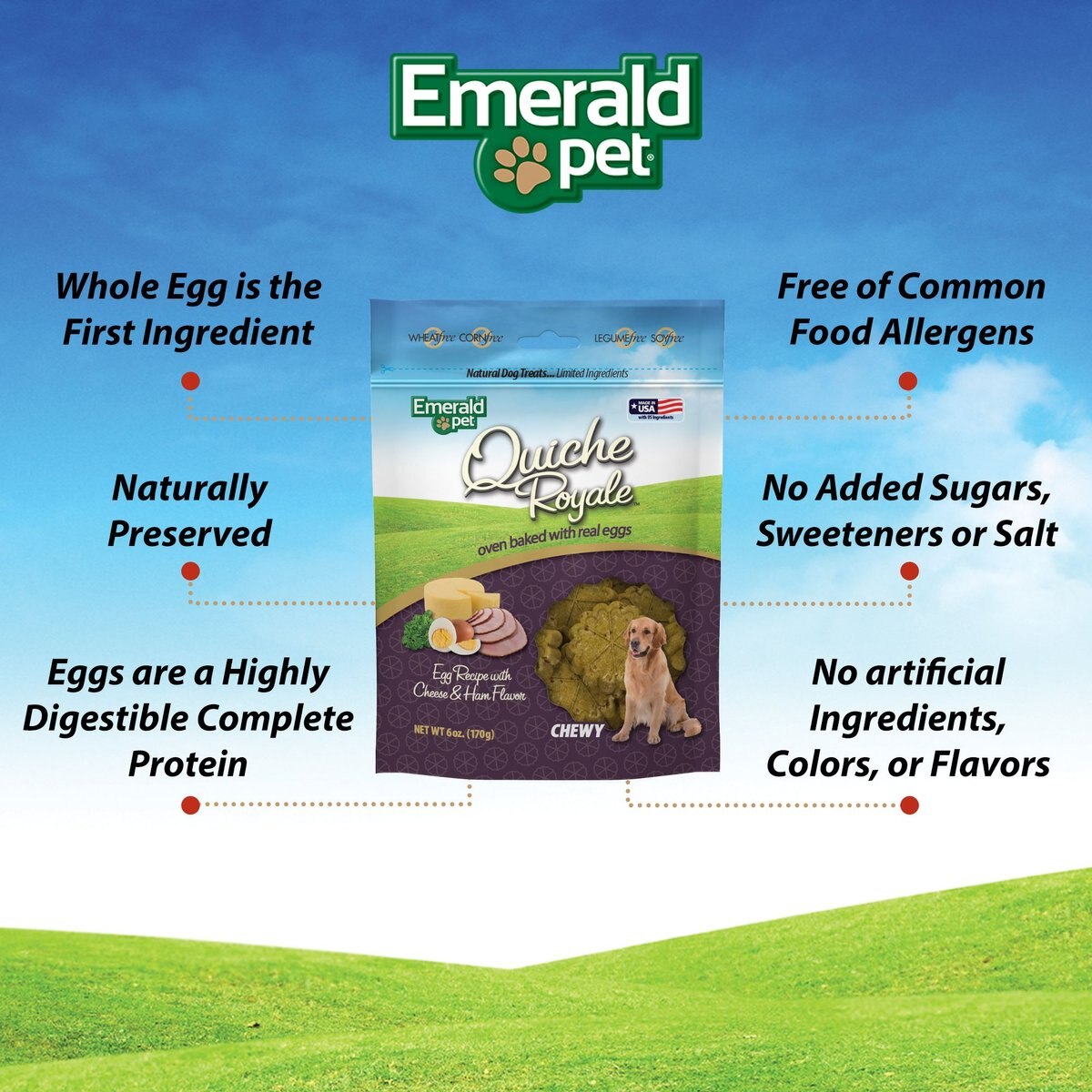 Emerald Pet Quiche Royale Egg Recipe with Cheese and Ham Chewy Dog Treats， 6-oz bag