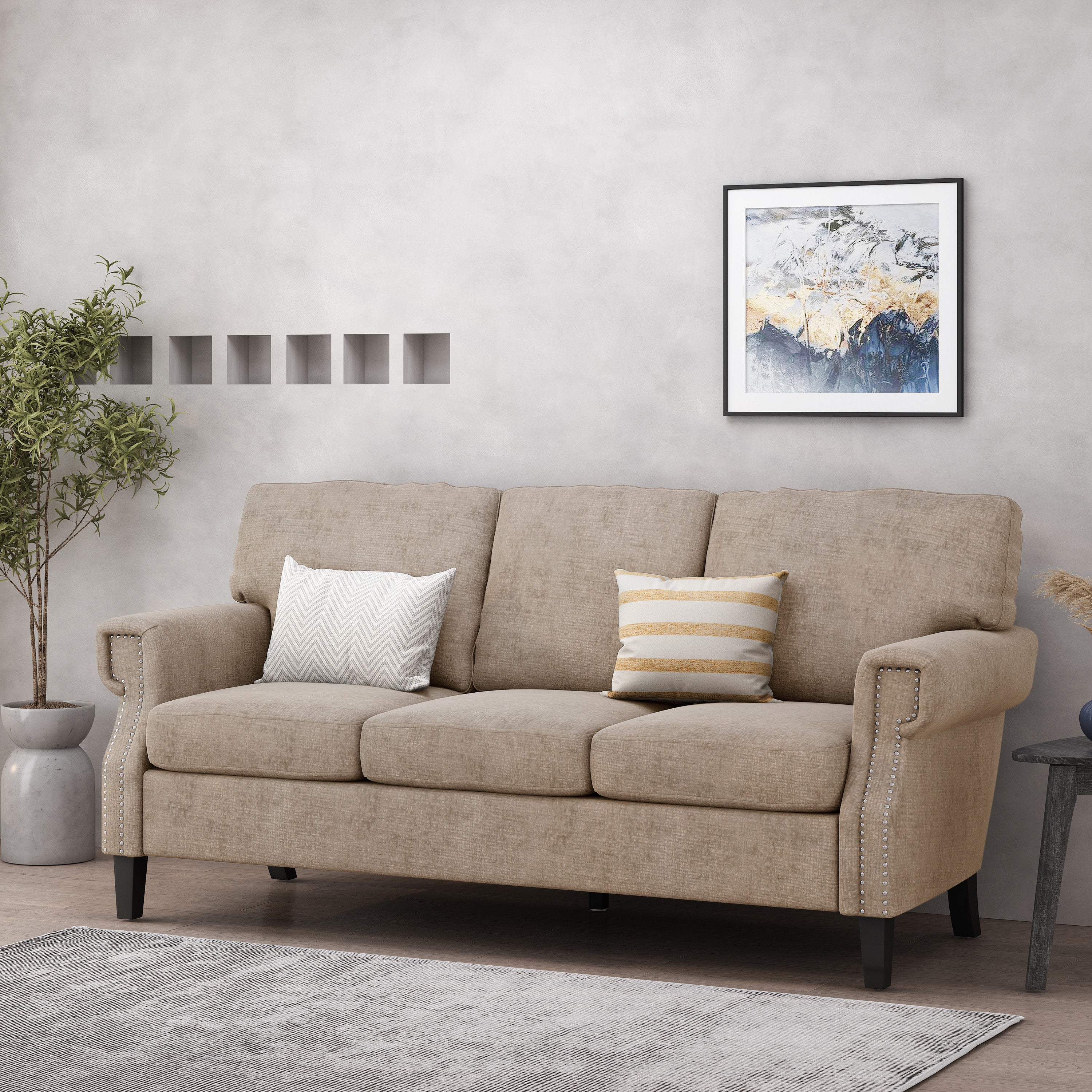 Dobles Contemporary Fabric 3 Seater Sofa with Nailhead Trim