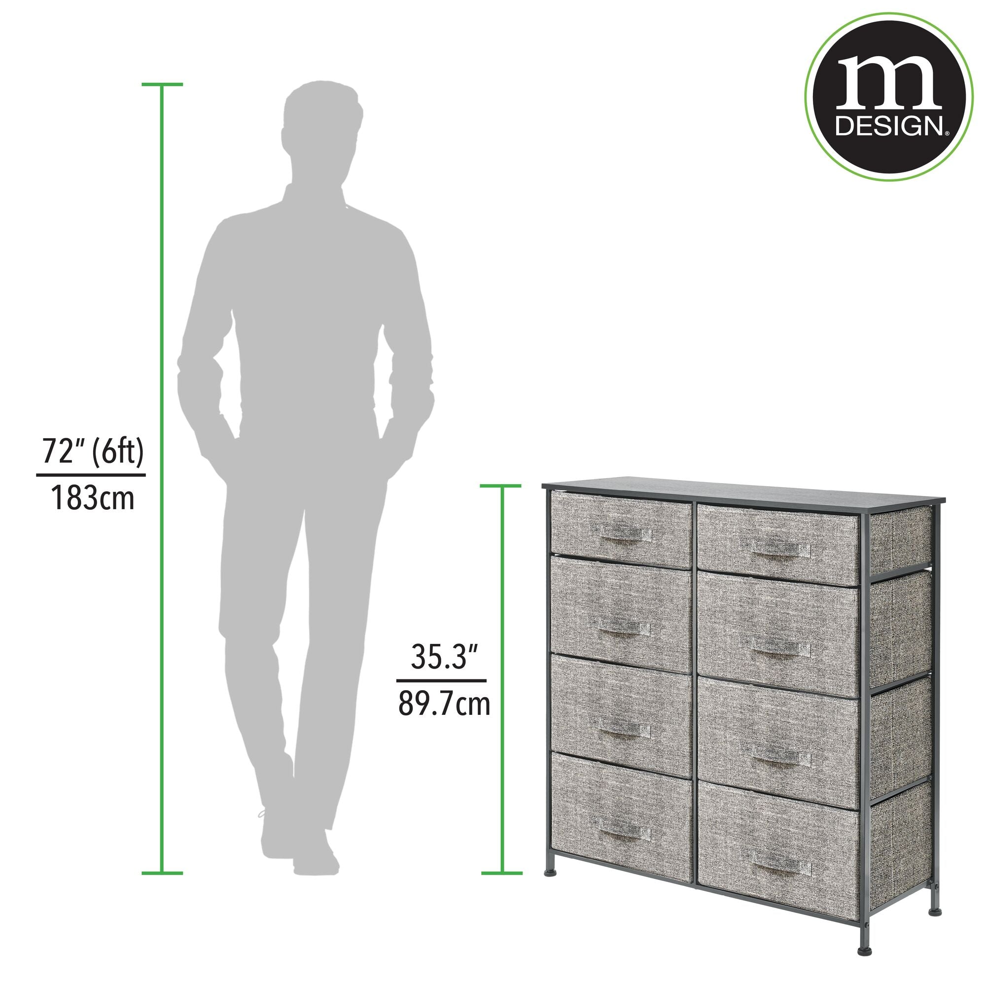 mDesign Tall Steel Frame/Wood Top Storage Dresser Furniture Unit with 8 Slim Removable Fabric Drawers, Large Bureau Organizer for Bedroom, Living Room, Closet - Lido Collection, Black/Dark Gray