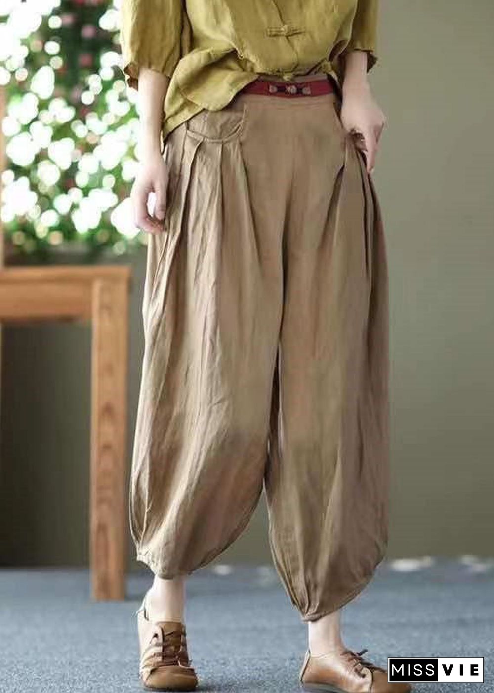 Khaki Pockets Patchwork Linen Crop Pants Elastic Waist Summer