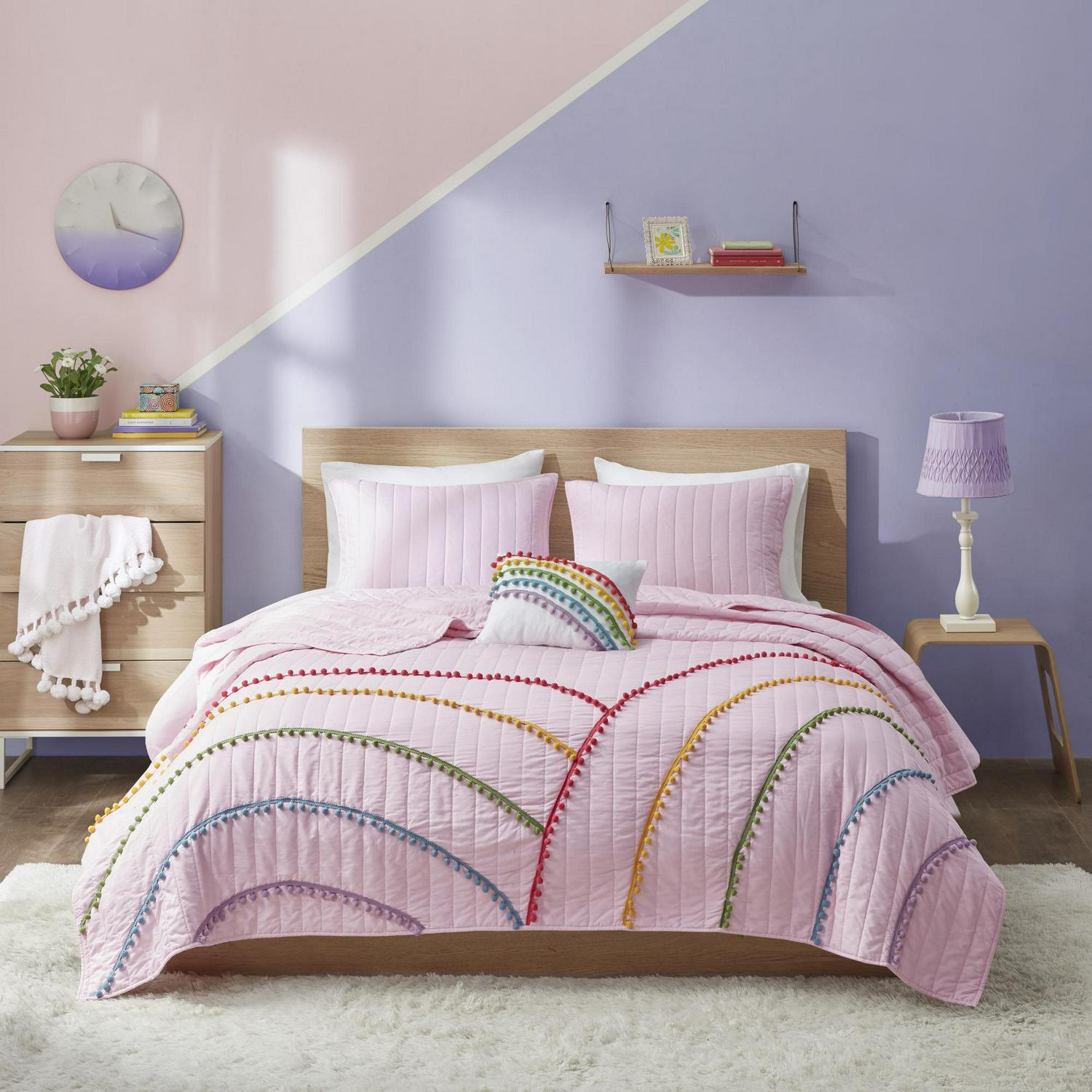 Home Essence Leah Pink Rainbow Cotton Filled Quilted 4 Piece Coverlet Set Full