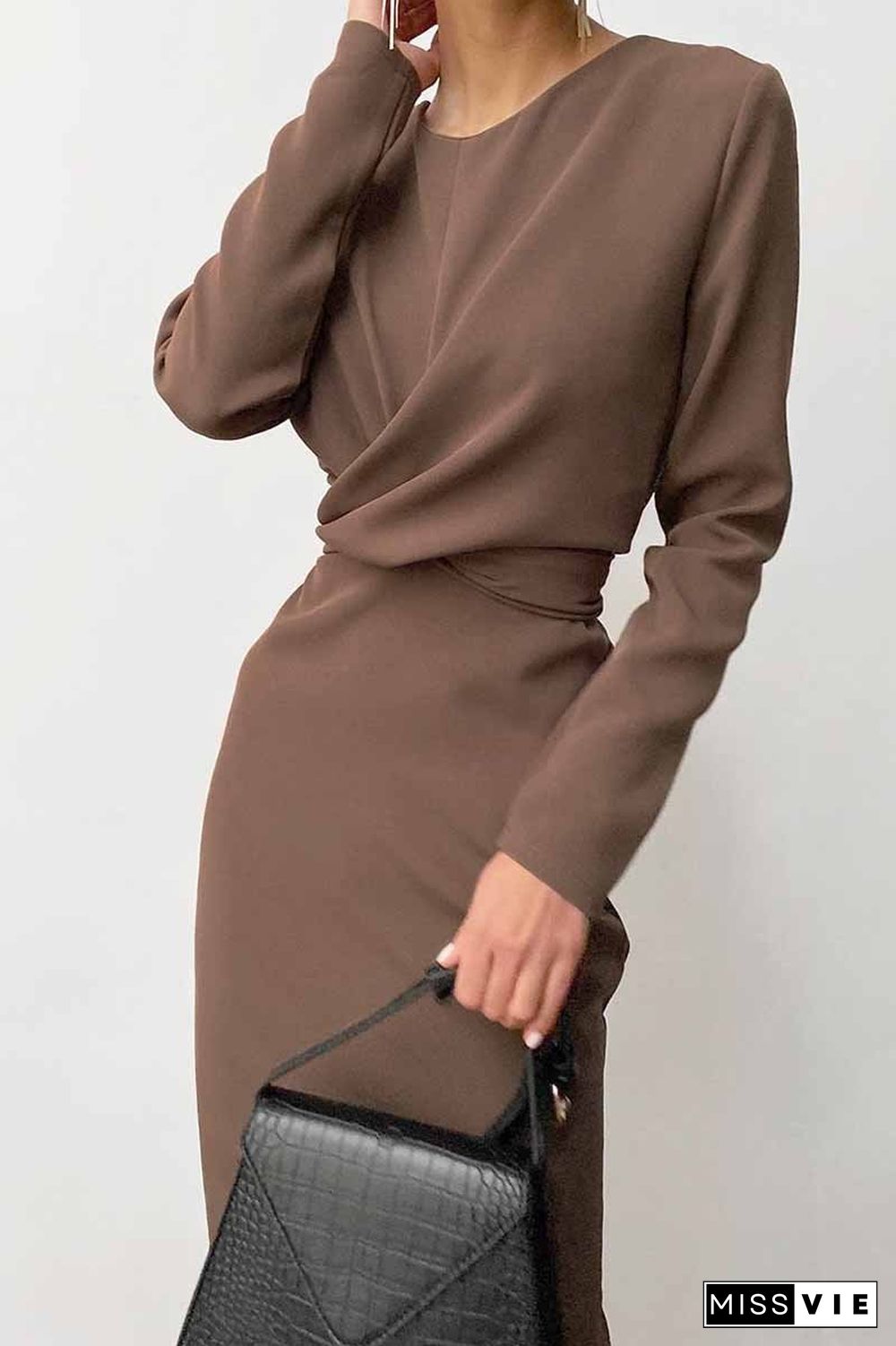 Fashion Long Sleeve Waist Midi Dress