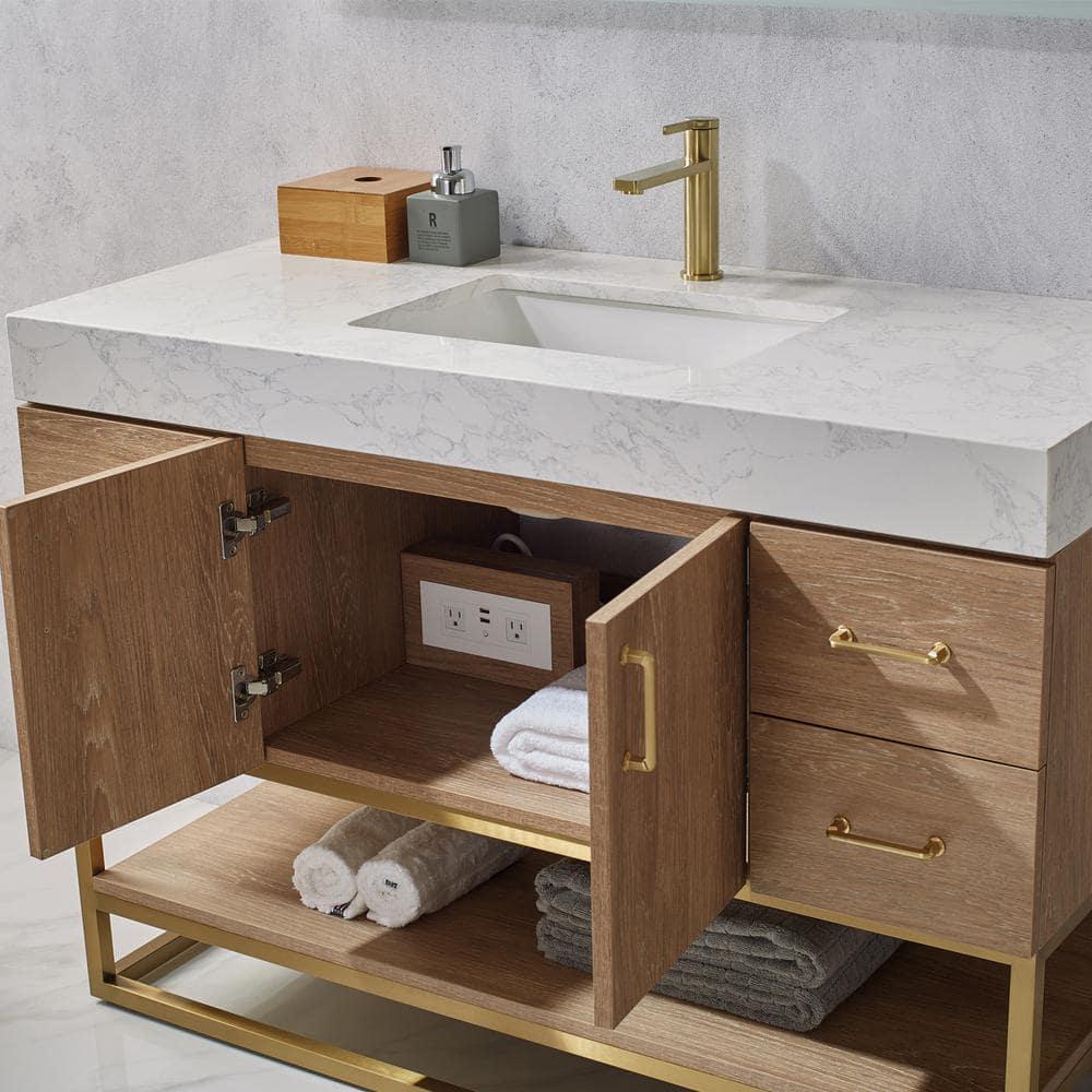 ROSWELL Alistair 48 in Bath Vanity in North American Oak with Grain Stone Top in White with White Basin