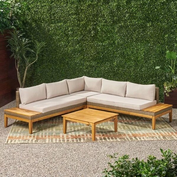 Teak Finish 5Seater Outdoor Sectional Sofa Set with Light Khaki Wicker and Cushions