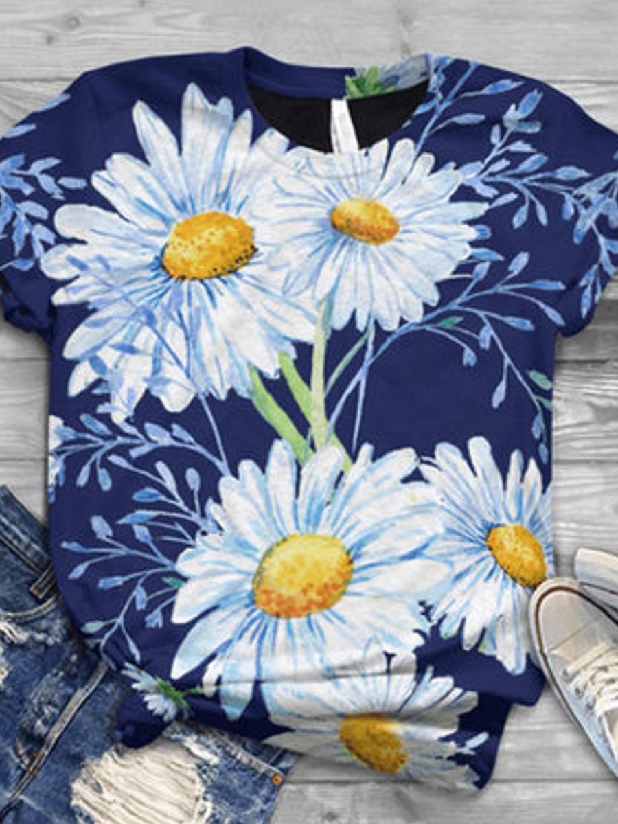 Short Sleeves Round Neck Floral Printed Casual T-shirt