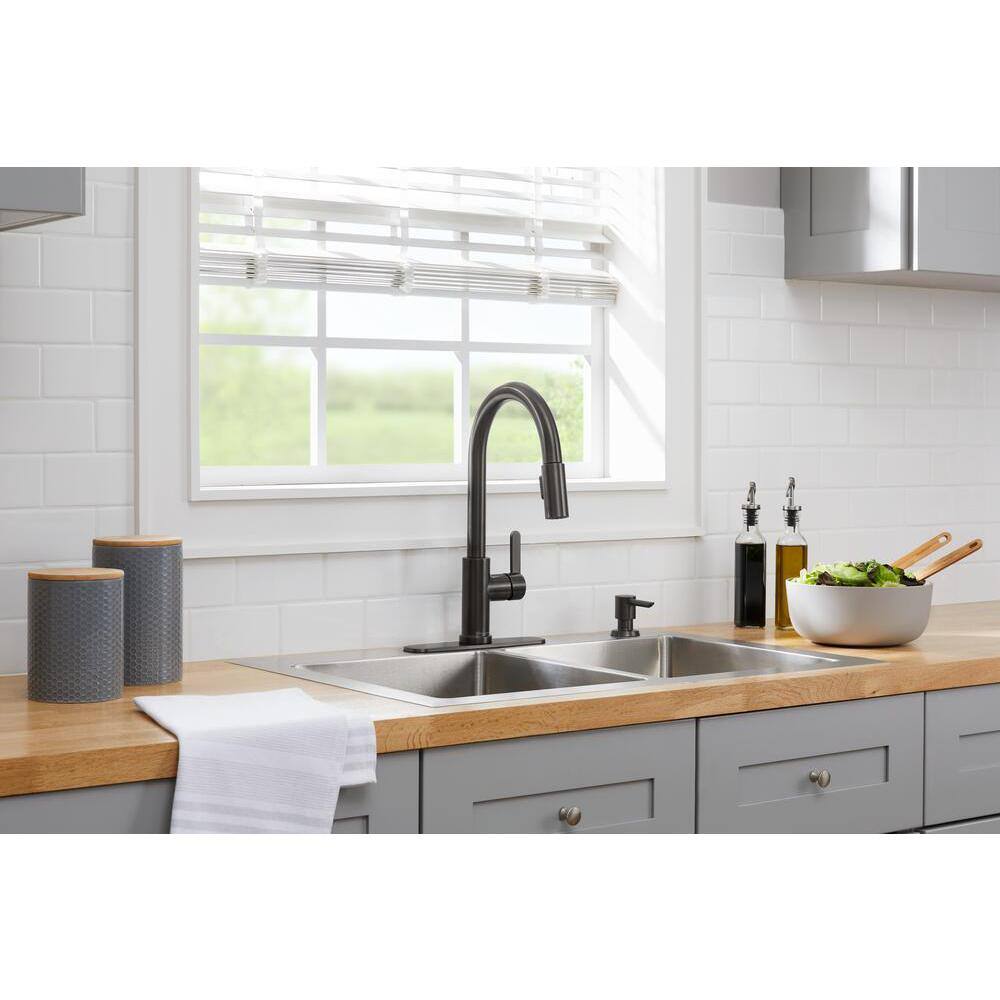 Glacier Bay Paulina Single-Handle Pull-Down Sprayer Kitchen Faucet with TurboSpray FastMount and Soap Dispenser in Black Stainless HD67780-104707F