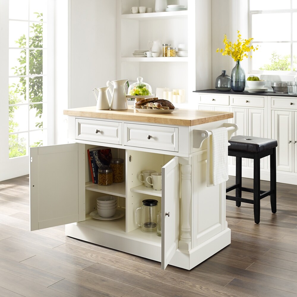 Crosley Oxford White Finish Butcher Block Top Kitchen Island with 2 Stools   23\