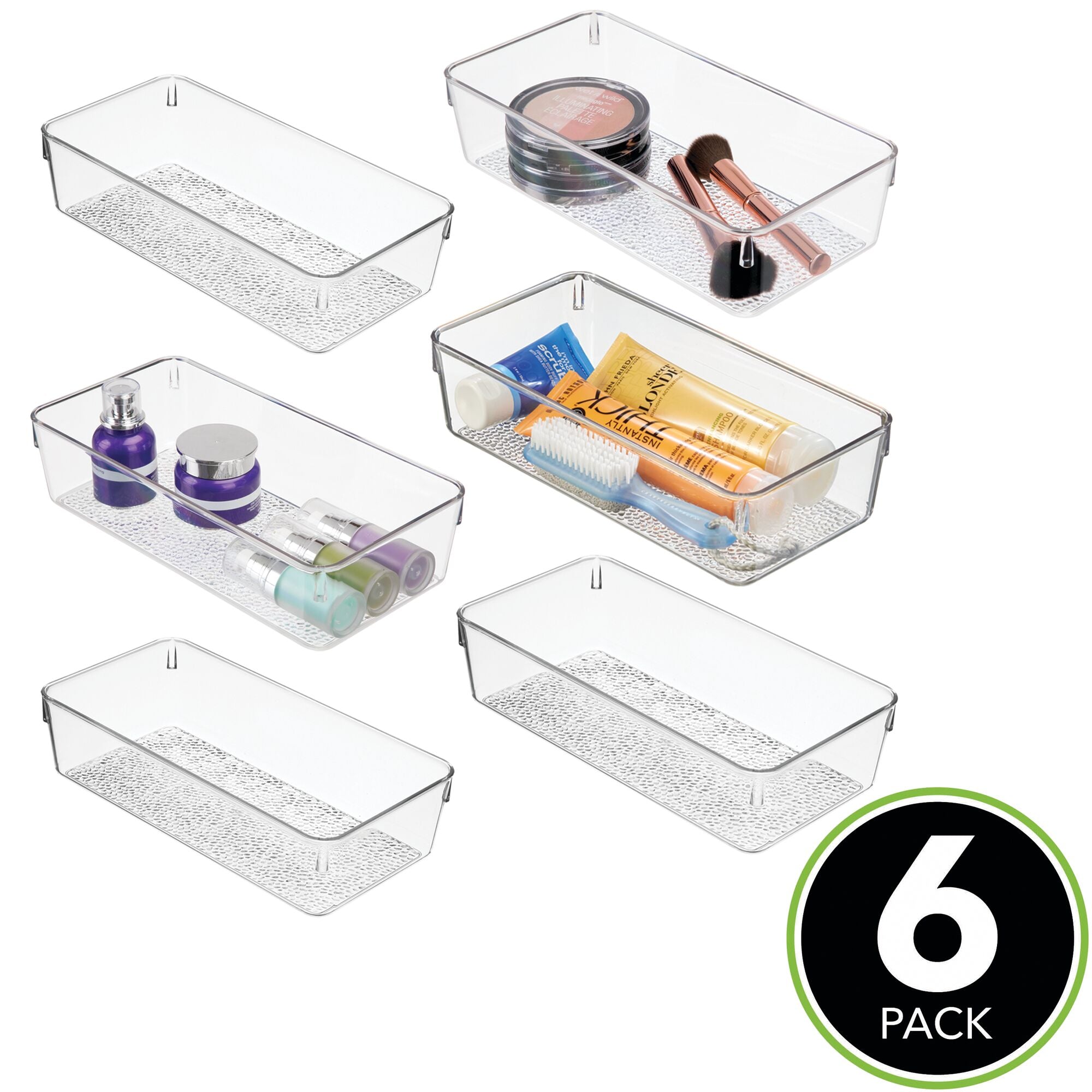 mDesign Plastic Drawer Organizer Storage Tray for Bathroom Vanity, Countertop, Cabinet - Holds Makeup Brushes, Eyeliner, Lip Pencils, Hair Accessories - Textured Base, 6" Wide, 6 Pack - Clear